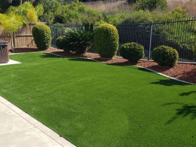 Backyard with artificial grass lined by shrubs & mulch in Plano, TX